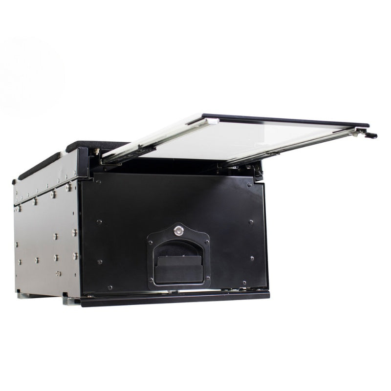 overland-vehicle-systems-cargo-box-and-cargo-box-with-working-station-black-front-corner-view-cutting-board-on-white-background