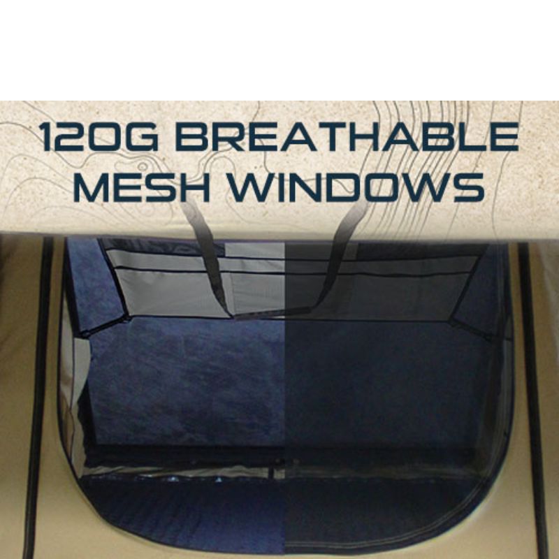 overland-vehicle-systems-ld-tmon-clamshell-aluminum-hard-shell-roof-top-tent-tan-front-view-with-mesh-windows