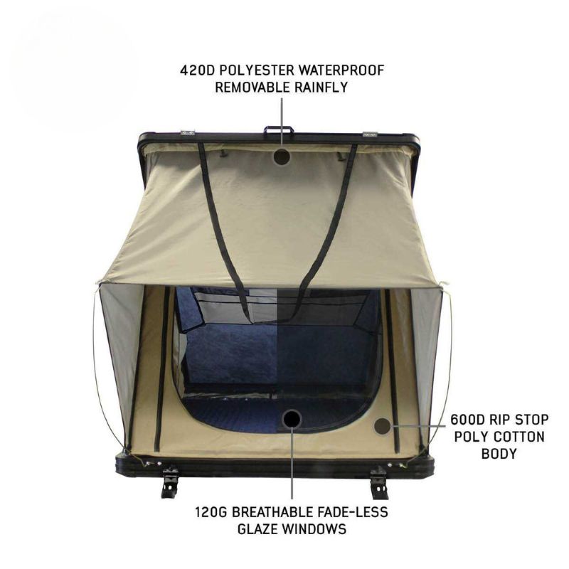 overland-vehicle-systems-ld-tmon-clamshell-aluminum-hard-shell-roof-top-tent-tan-front-view-with-removable-rainfly-on-white-background
