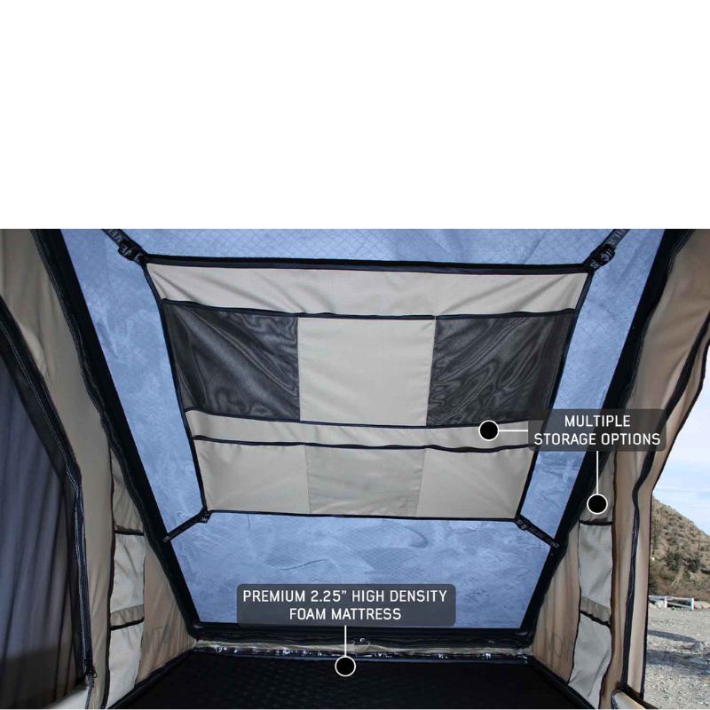 overland-vehicle-systems-ld-tmon-clamshell-aluminum-hard-shell-roof-top-tent-tan-interior-view-with-foam-mattress