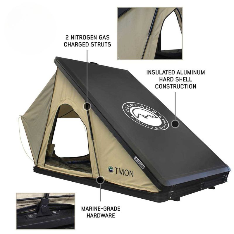 overland-vehicle-systems-ld-tmon-clamshell-aluminum-hard-shell-roof-top-tent-tan-rear-corner-view-with-marine-grade-hardware-on-white-background