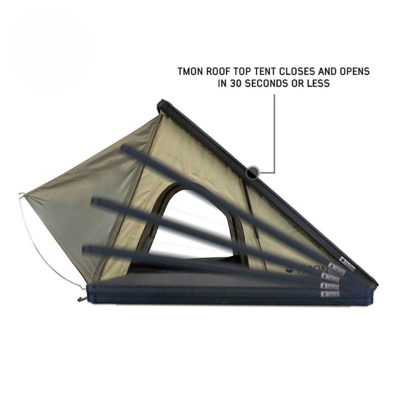 overland-vehicle-systems-ld-tmon-clamshell-aluminum-hard-shell-roof-top-tent-tan-side-view-with-open-and-close-function-on-white-background