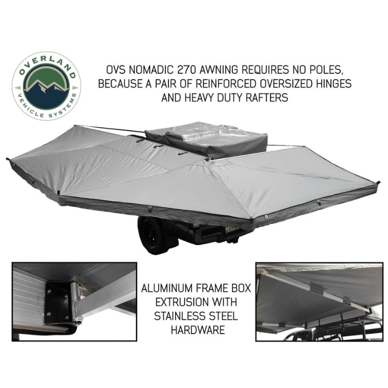 overland-vehicle-systems-nomadic-awning-270-driverside-rear-corner-view-with-aluminum-frame-box-description-on-camping-trailer