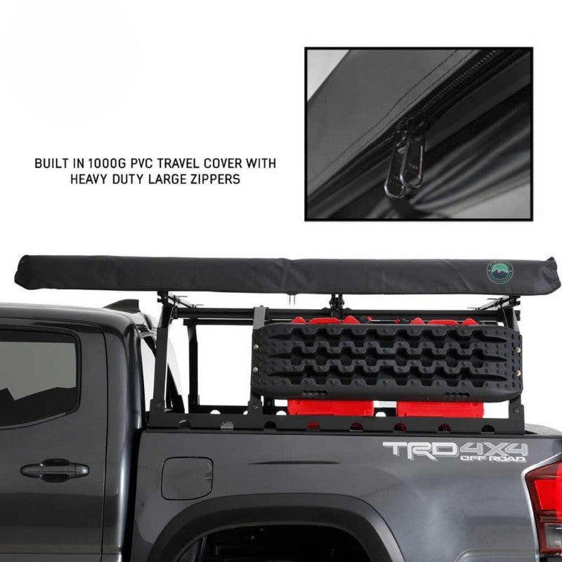 overland-vehicle-systems-nomadic-awning-6.5-ft-gray-closed-side-view-with-enclosure-on-vehicle-on-white-background