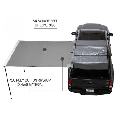 overland-vehicle-systems-nomadic-awning-8-ft-gray-open-top-view-on-vehicle-with-coverage-on-whit-background