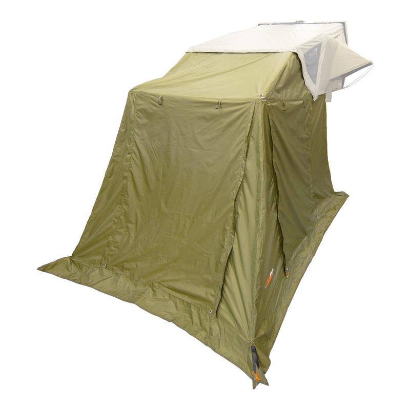 23zero-armadillo-a2-right-side-only-hard-shell-roof-top-tent-annex-front-corner-view-with-roll-up-doors-closed-on-white-background