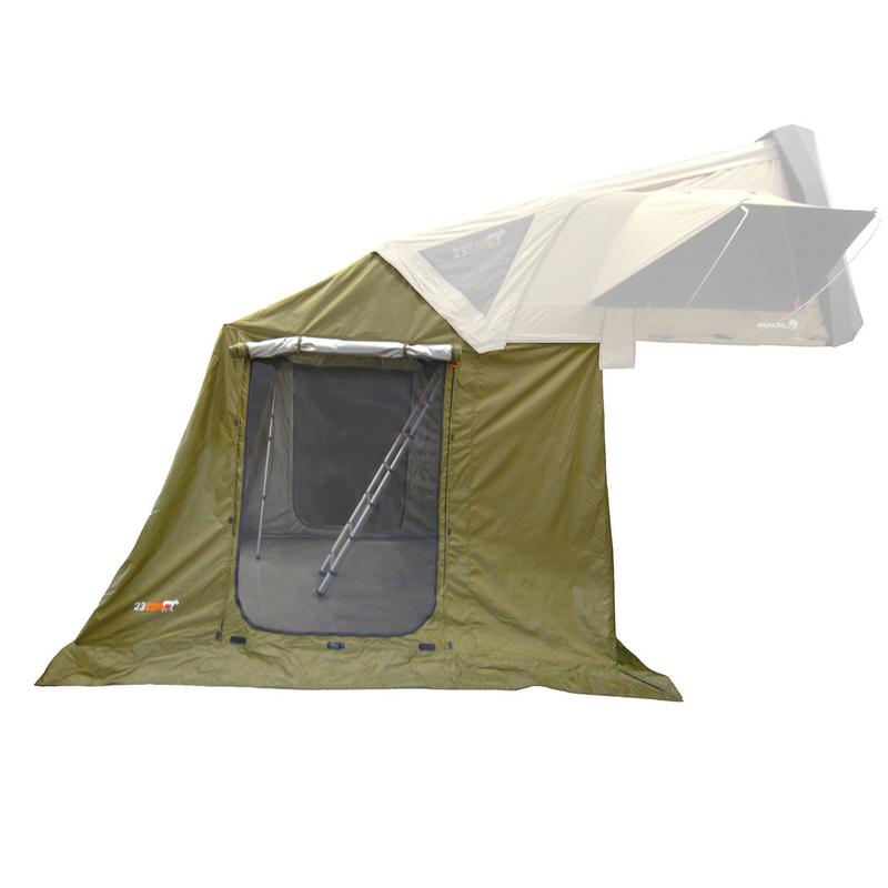 23zero-armadillo-a2-right-side-only-hard-shell-roof-top-tent-annex-side-view-with-mesh-cover-closed-on-white-background