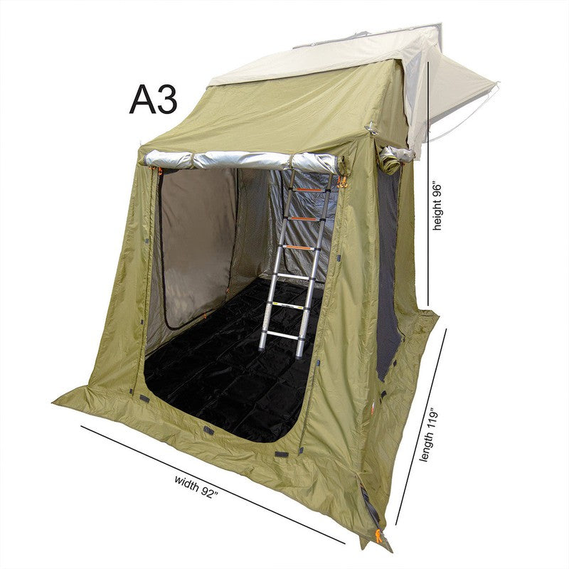 23zero-armadillo-a3-left-side-only-hard-shell-roof-top-tent-annex-open-front-corner-view-with-dimensions-on-white-background