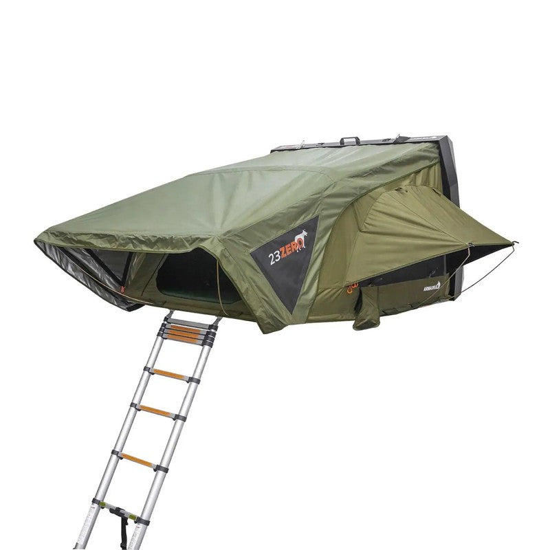 23zero-armadillo-a3-left-side-only-hard-shell-roof-top-tent-open-front-corner-view-with-ladder-on-white-background