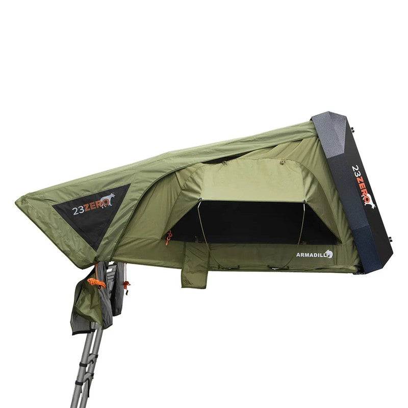 23zero-armadillo-a3-left-side-only-hard-shell-roof-top-tent-open-side-view-with-ladder-on-white-background