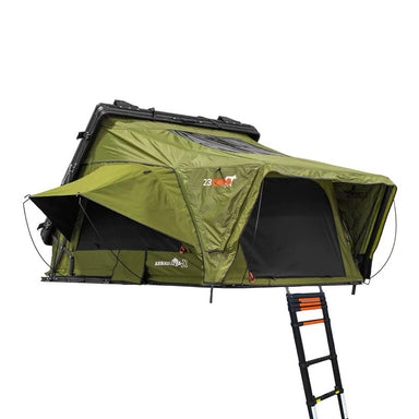 23zero-armadillo-ax2-aluminum-hard-shell-roof-top-tent-open-front-corner-view-with-ladder-on-white-background