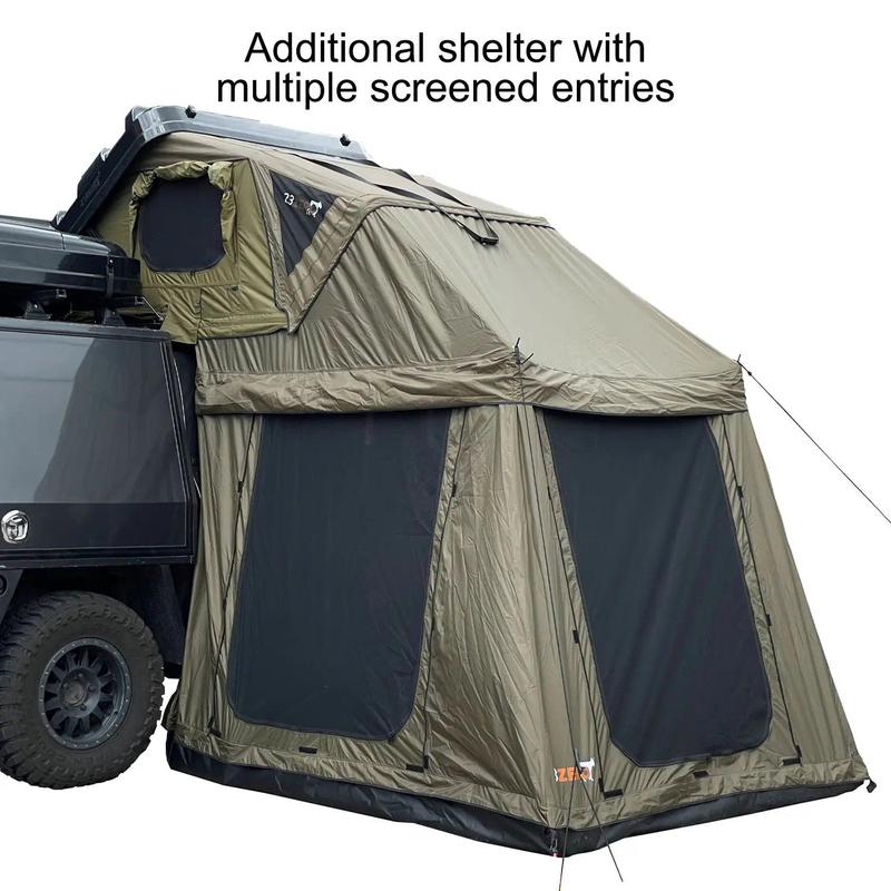 23zero-armadillo-x2-and-x3-annex-and-privacy-shelter-open-front-corner-view-on-vehicle-with-multiple-screen-entries-on-white-background