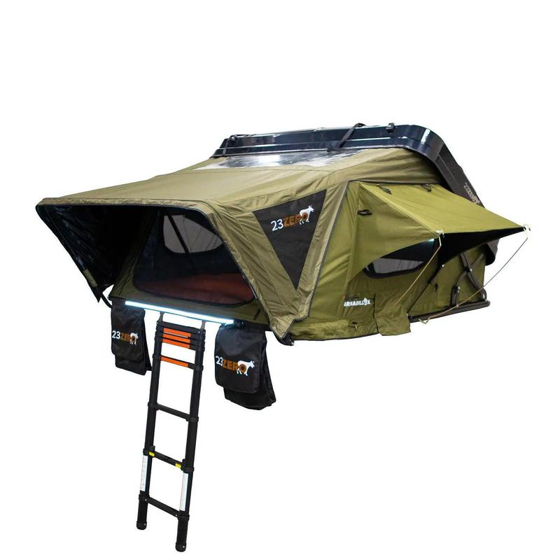 23zero-armadillo-x2-hard-shell-roof-top-tent-open-front-corner-view-with-ladder-and-gear-bags-on-white-background