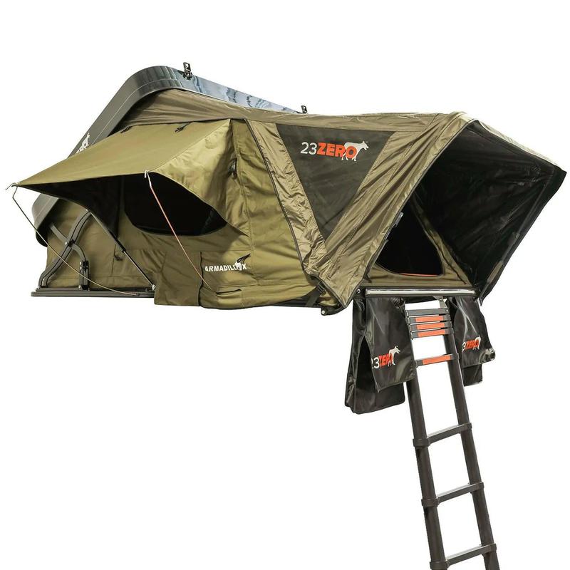 23zero-armadillo-x2-hard-shell-roof-top-tent-open-front-corner-view-with-ladder-on-white-background