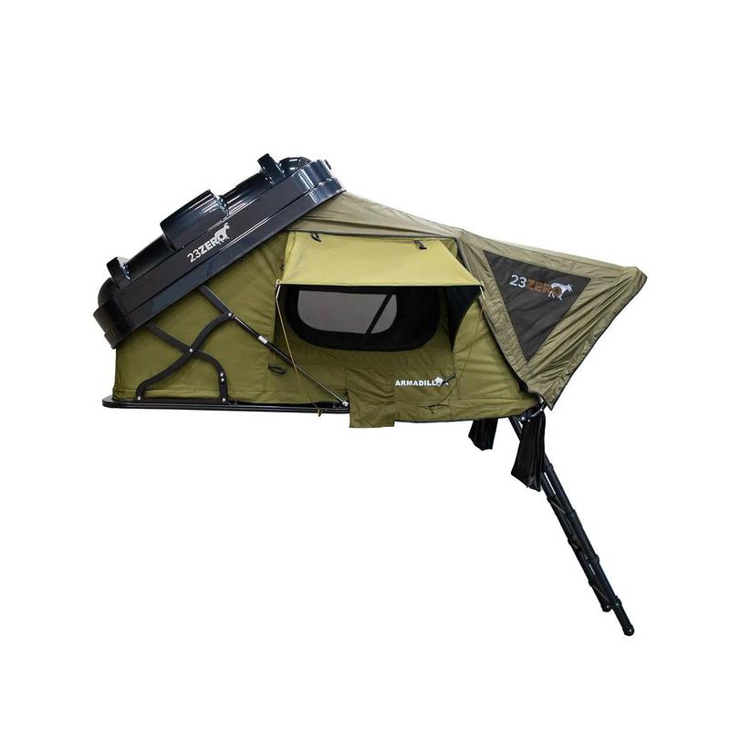 23zero-armadillo-x2-hard-shell-roof-top-tent-open-side-view-with-ladder-on-white-background