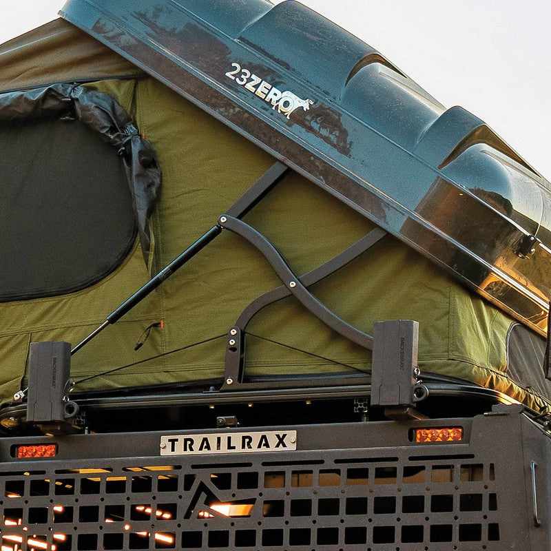 23zero-armadillo-x3-hard-shell-roof-top-tent-left-side-opening-open-close-up-view-with-strut-on-tailrax-on-white-background