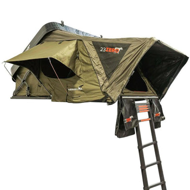 23zero-armadillo-x3-hard-shell-roof-top-tent-open-front-corner-view-with-ladder-on-white-background