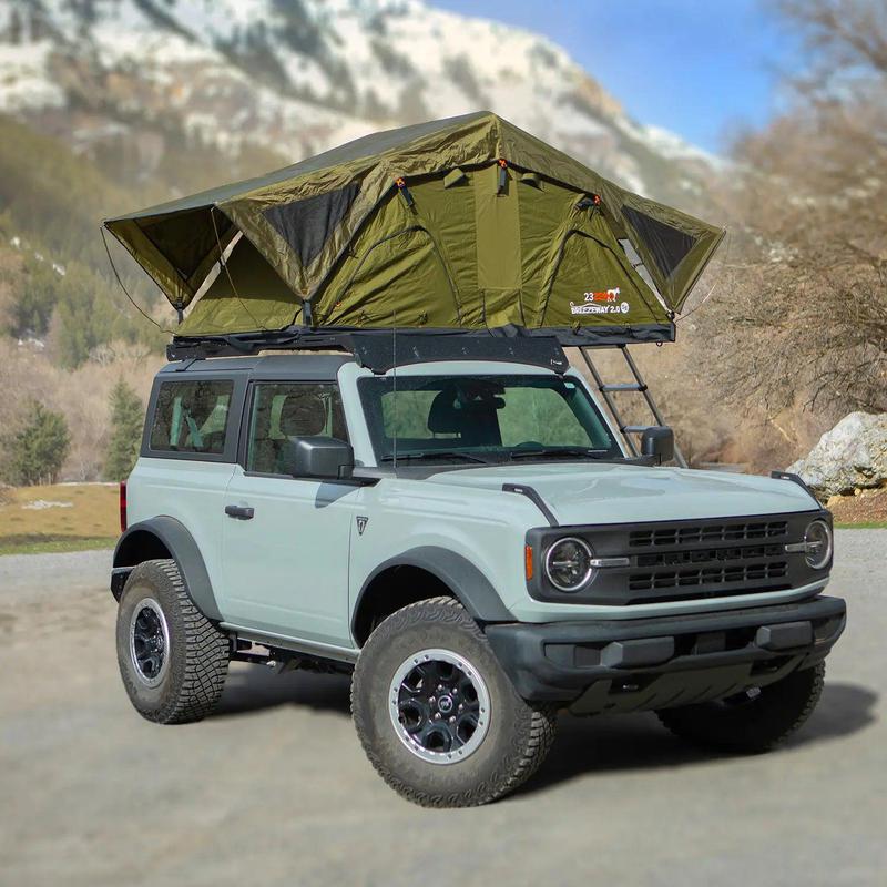 23zero-breezeway-2-0-soft-shell-roof-top-tent-open-front-corner-view-on-ford-bronco-in-nature