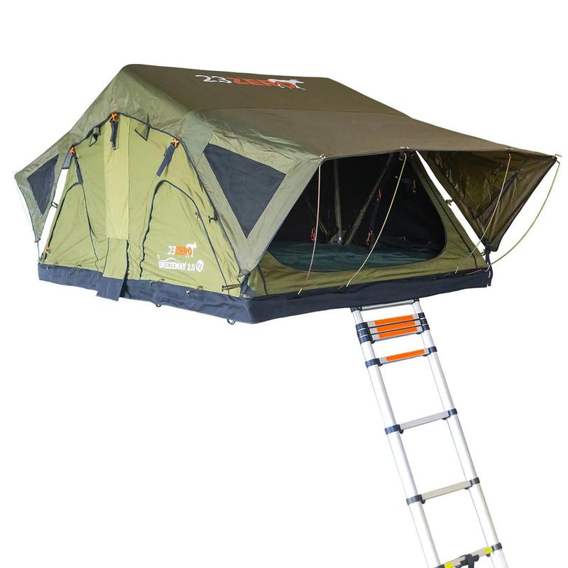 23zero-breezeway-2-0-soft-shell-roof-top-tent-open-front-corner-view-with-ladder-on-white-background