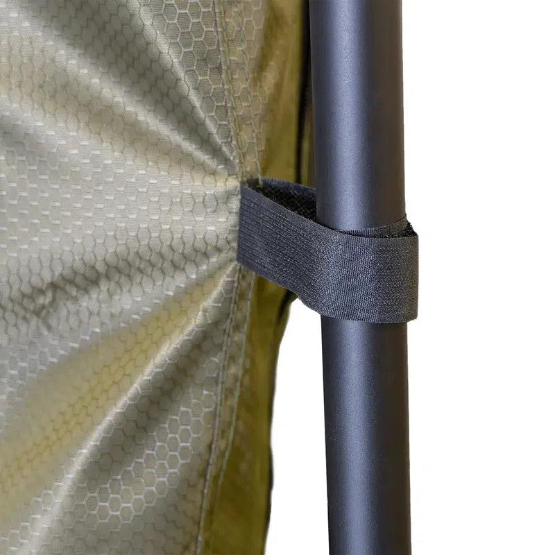 23zero-bushman-awning-room-open-close-up-view-with-velcro-strap-atachment-on-leg-pole-on-white-background