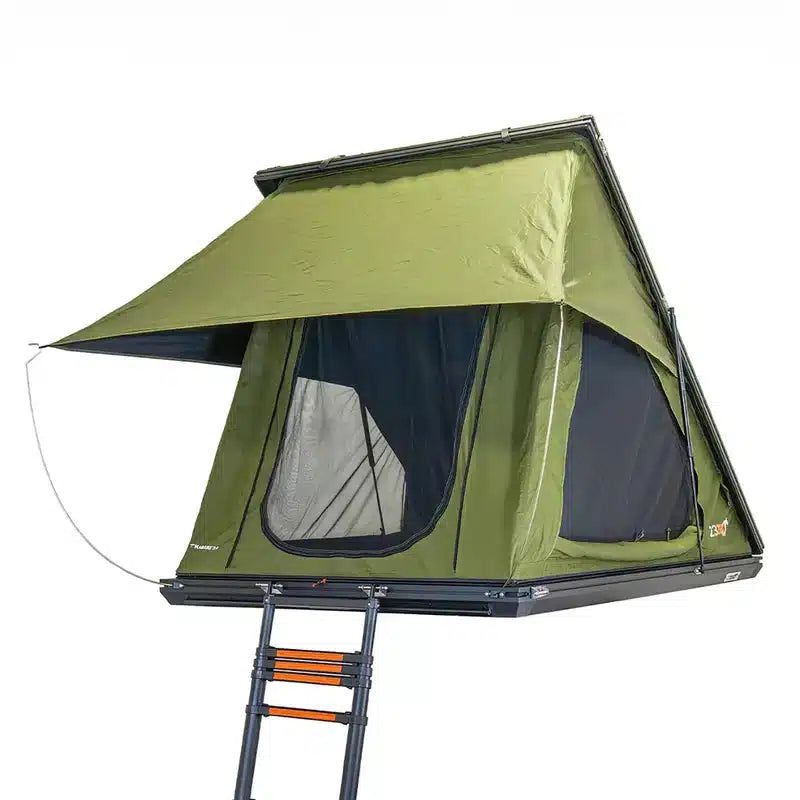 23zero-kabari-2-0-hard-shell-roof-top-tent-open-front-corner-view-with-ladder-on-white-background