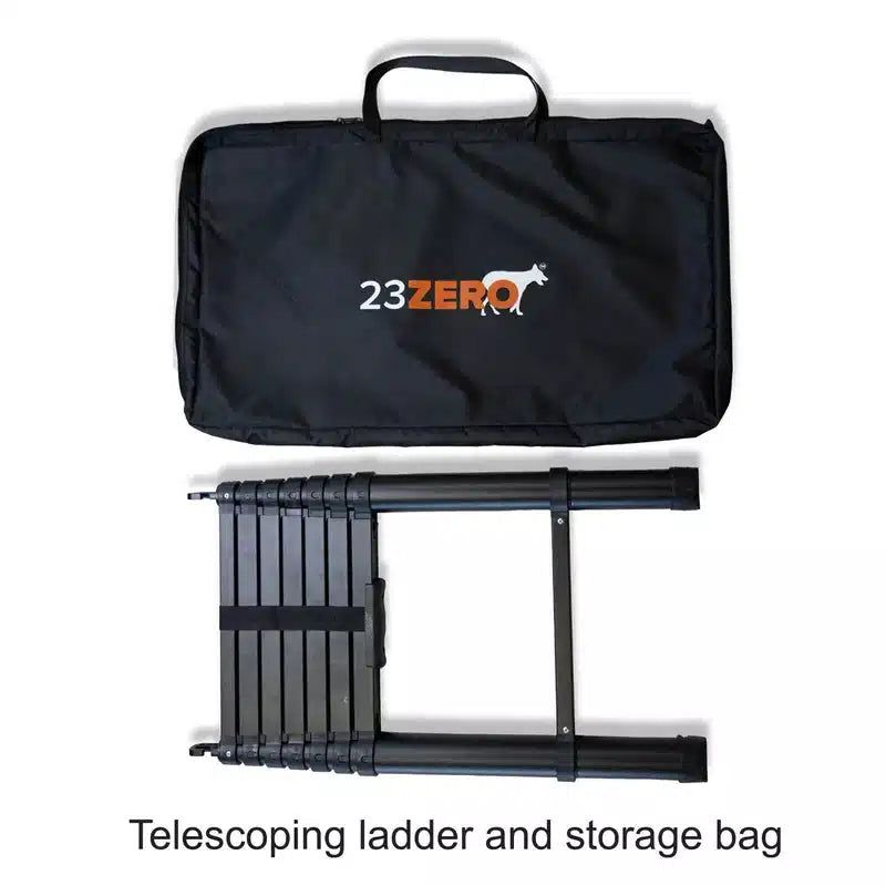 23zero-kabari-2-0-hard-shell-roof-top-tent-open-front-view-with-telescopic-ladder-on-white-background