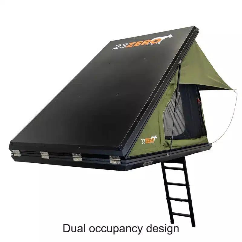 23zero-kabari-2-0-hard-shell-roof-top-tent-open-rear-corner-view-with-ladder-on-white-background