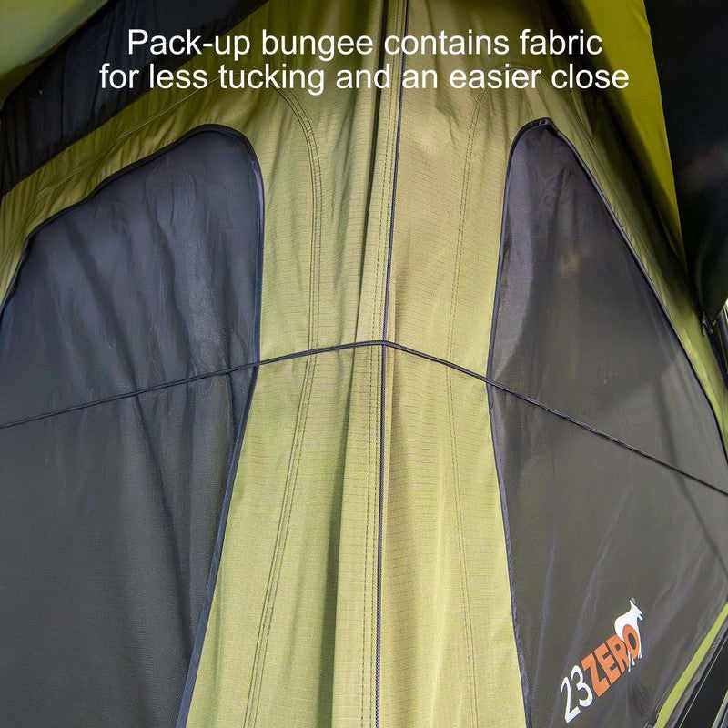 23zero-kabari-3.0-sleek-wedge-hard-shell-roof-top-tent-open-close-up-view-with-pack-up-bungee-on-white-background