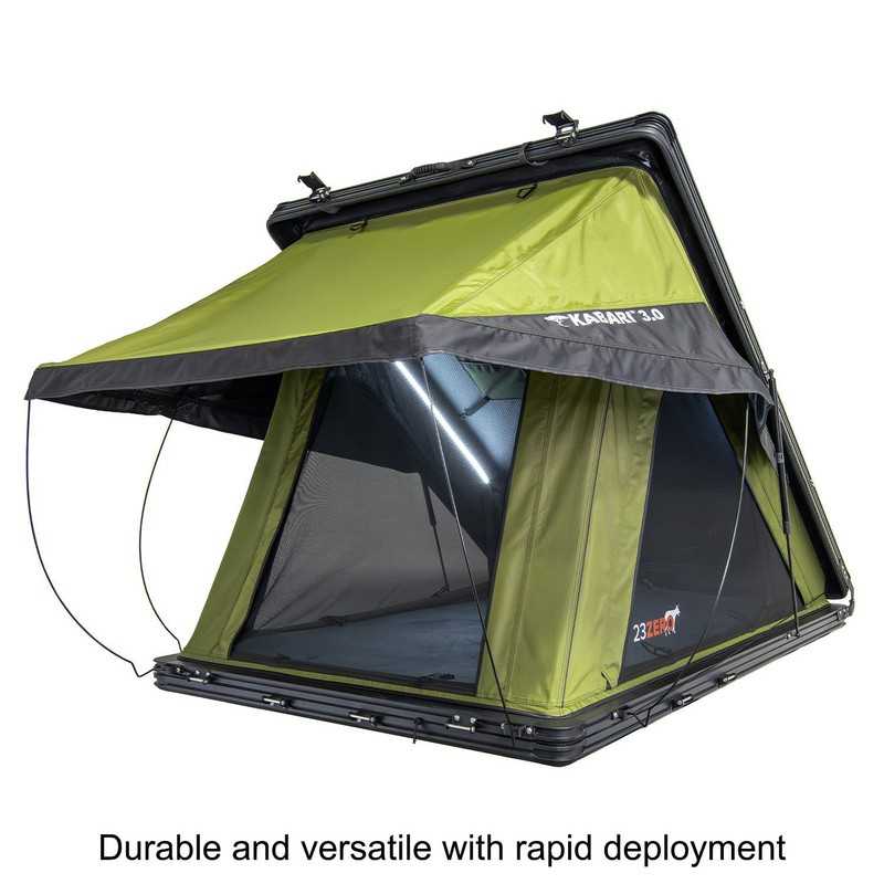 23zero-kabari-3.0-sleek-wedge-hard-shell-roof-top-tent-open-front-corner-view-with-rainfly-poles-on-white-background