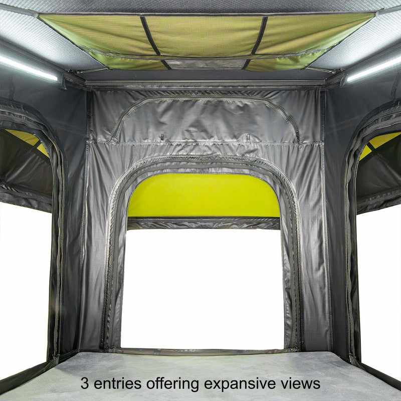 23zero-kabari-3.0-sleek-wedge-hard-shell-roof-top-tent-open-interior-view-with-3-entries-on-white-background