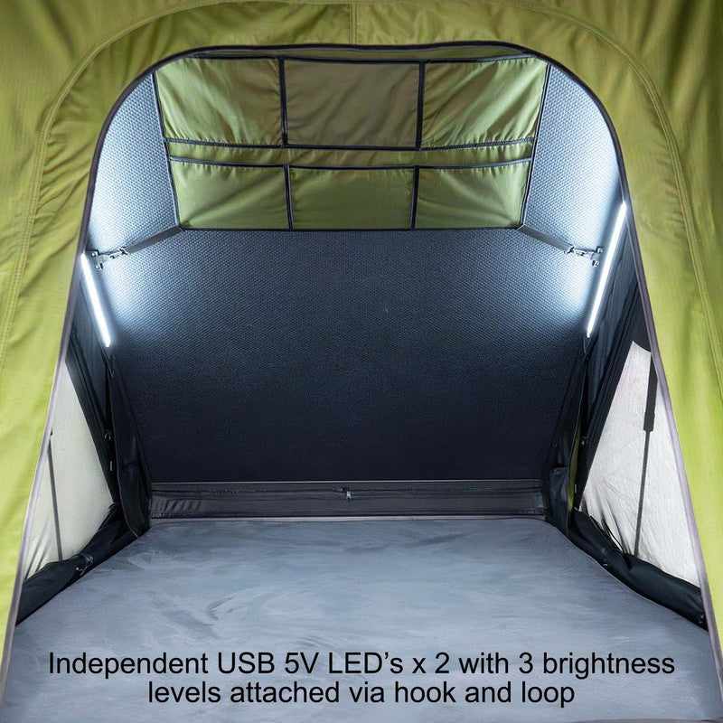 23zero-kabari-3.0-sleek-wedge-hard-shell-roof-top-tent-open-interior-view-with-led-strips-on-white-background