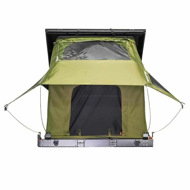 23zero-kabari-pro-aluminum-clam-shell-hard-shell-roof-top-tent-open-front-view-with-rainfly-on-white-background