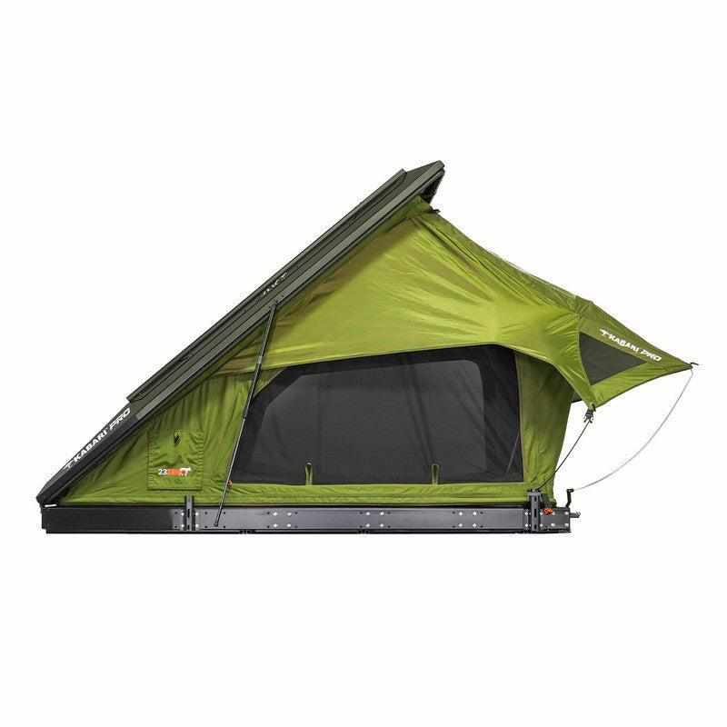 23zero-kabari-pro-aluminum-clam-shell-hard-shell-roof-top-tent-open-side-view-with-heater-cooler-port-on-white-background