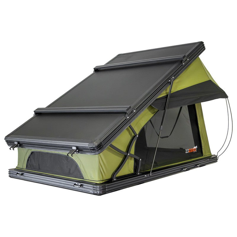 23zero-kabari-xl-wedge-hard-shell-roof-top-tent-open-rear-corner-view-with-gas-strut-on-white-background