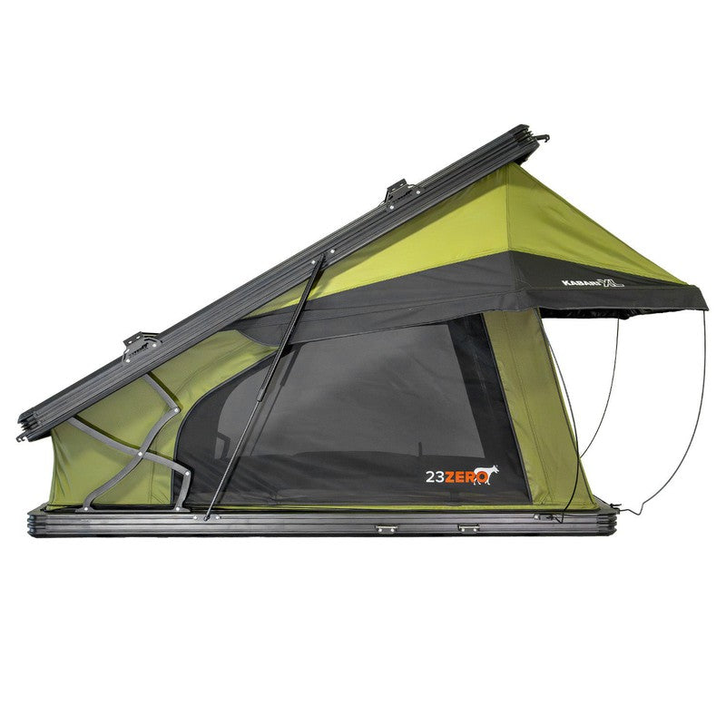 23zero-kabari-xl-wedge-hard-shell-roof-top-tent-open-side-view-with-logo-on-mesh-window-on-white-background