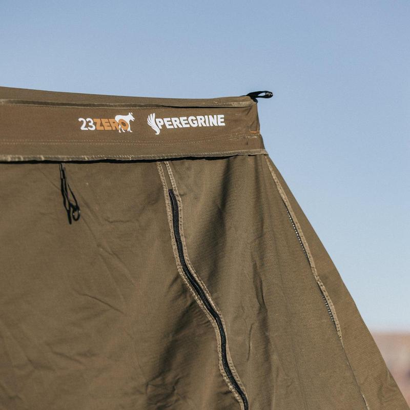 23zero-peregrine-pro-5-arm-270-awning-1.0-solid-wall-kit-open-side-view-with-logo-on-fabric-in-nature