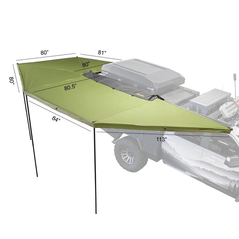 23zero-peregrine-pro-6-arm-freestanding-270-awning-open-front-corner-view-onvehicle-with-dimensions-on-white-background