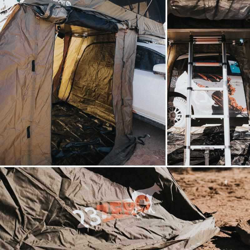 23zero-walkabout-62-2-0-soft-shell-roof-top-tent-annex-open-close-up-view-on-vehicle-with-ladder-and-annex-floor-in-nature