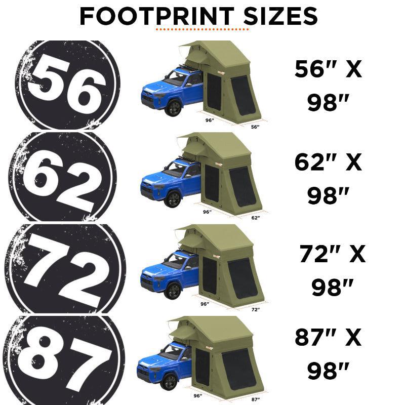 23zero-walkabout-62-2-0-soft-shell-roof-top-tent-annex-open-front-corner-view-on-vehicle-with-footprint-sizes-on-white-background