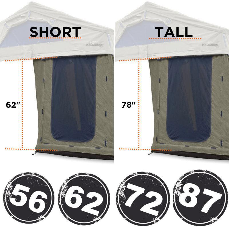 23zero-walkabout-62-2-0-soft-shell-roof-top-tent-annex-open-side-view-with-short-and-tall-length-measurements-on-white-background