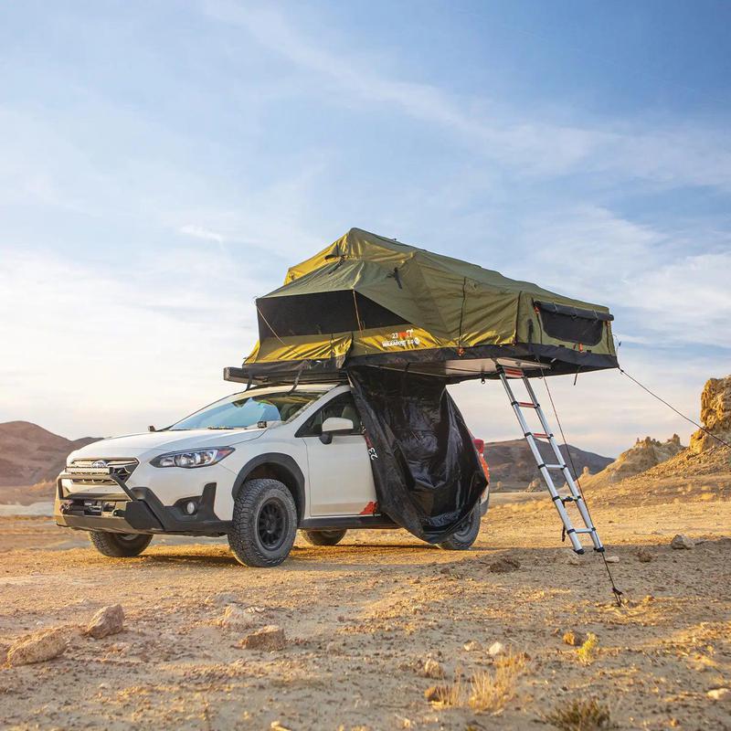 23zero-walkabout-62-2-0-soft-shell-roof-top-tent-open-front-corner-view-on-subaru-crosstrek-in-terrain