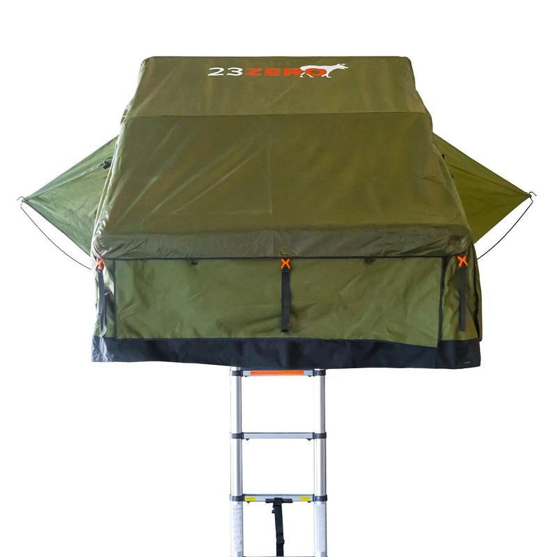 23zero-walkabout-62-2-0-soft-shell-roof-top-tent-open-front-view-with-ladder-on-white-background