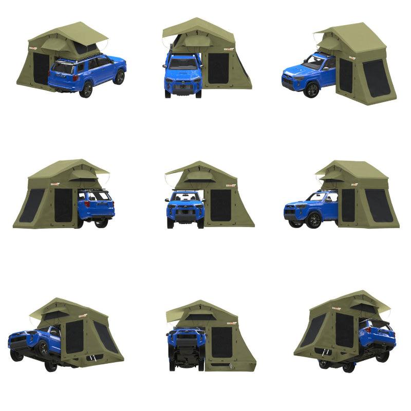 23zero-walkabout-72-2-0-soft-shell-roof-top-tent-annex-open-different-views-on-vehicle-on-white-background