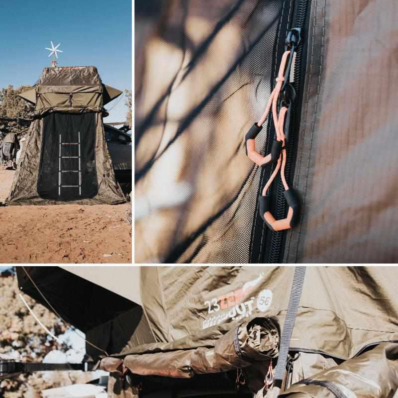 23zero-walkabout-87-2-0-soft-shell-roof-top-tent-annex-open-close-up-view-with-rollup-doors-and-zippers-in-nature