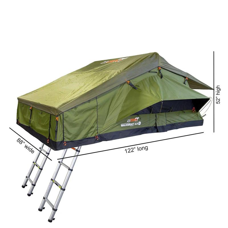 23zero-walkabout-87-2-0-soft-shell-roof-top-tent-open-front-corner-view-with-dimensions-on-white-background