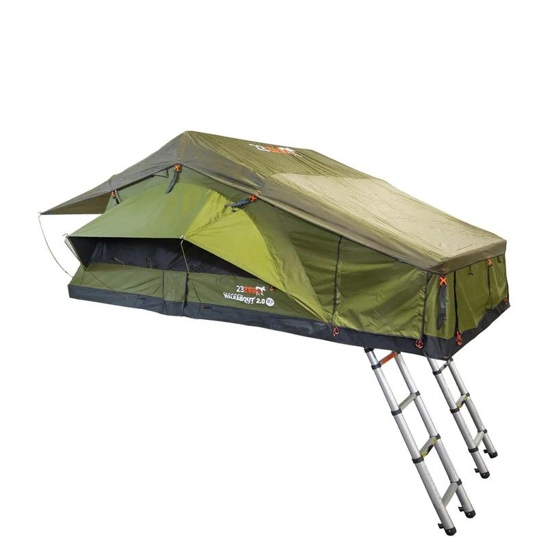 23zero-walkabout-87-2-0-soft-shell-roof-top-tent-open-front-corner-view-with-ladder-on-white-background