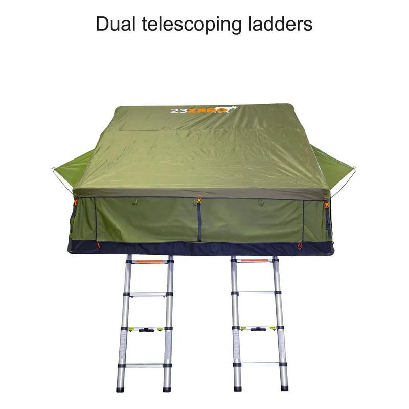 23zero-walkabout-87-2-0-soft-shell-roof-top-tent-open-front-view-with-dual-telescopic-ladder-on-white-background