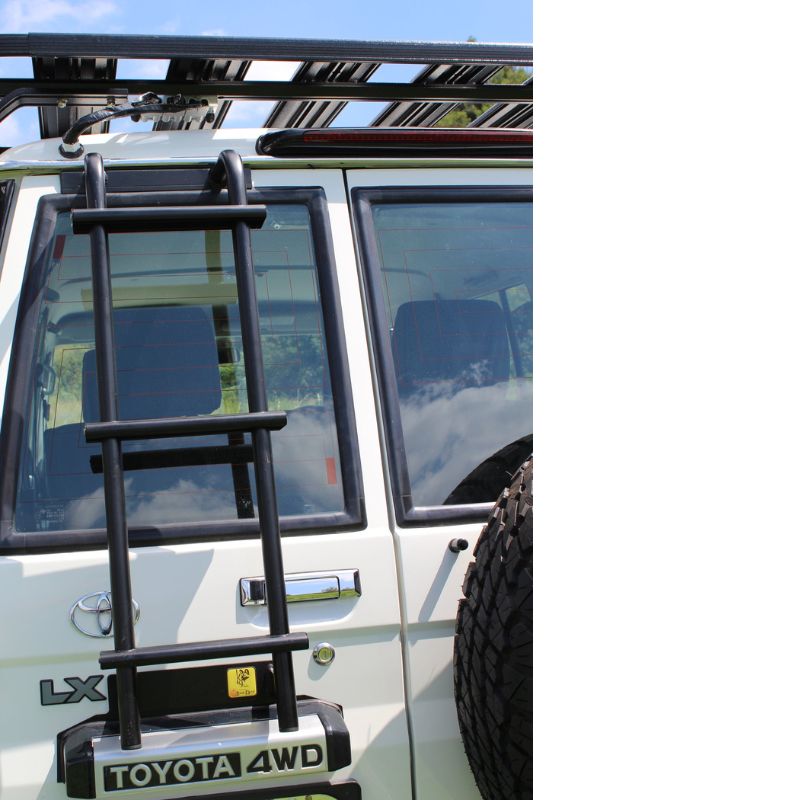 eezi-awn-k9-roof-rack-for-toyota-land-cruiser-70-series-rear-view-with-ladder-in-nature