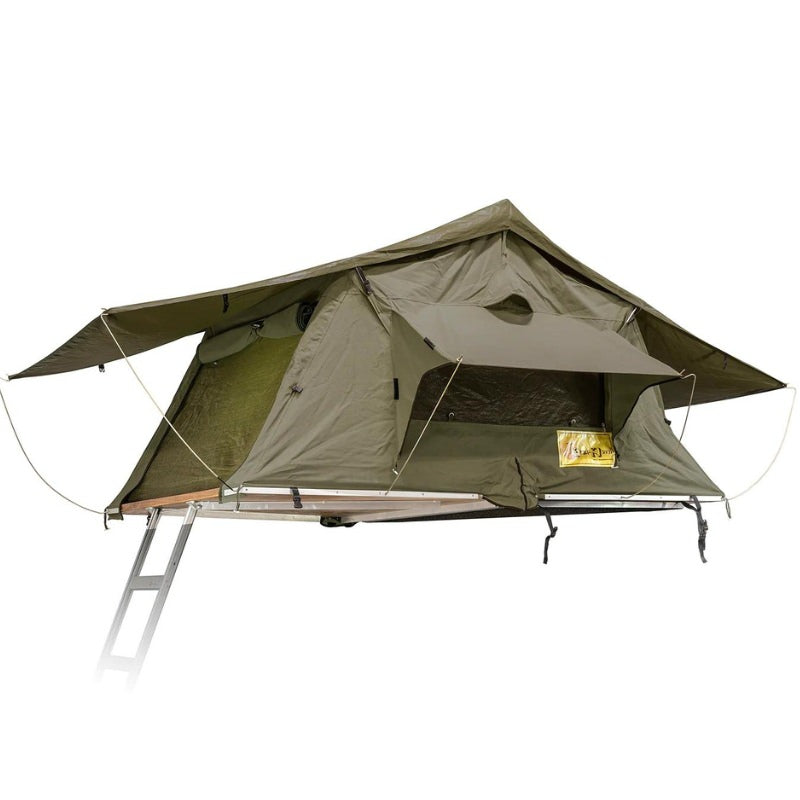eezi-awn-series-3-soft-shell-roof-top-tent-olive-open-front-corner-view-on-white-background