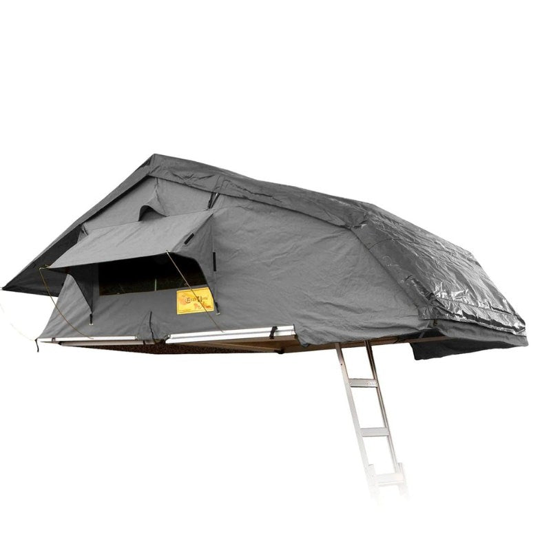 eezi-awn-xklusiv-soft-shell-roof-top-tent-gray-open-side-view-with-ladder-on-white-background